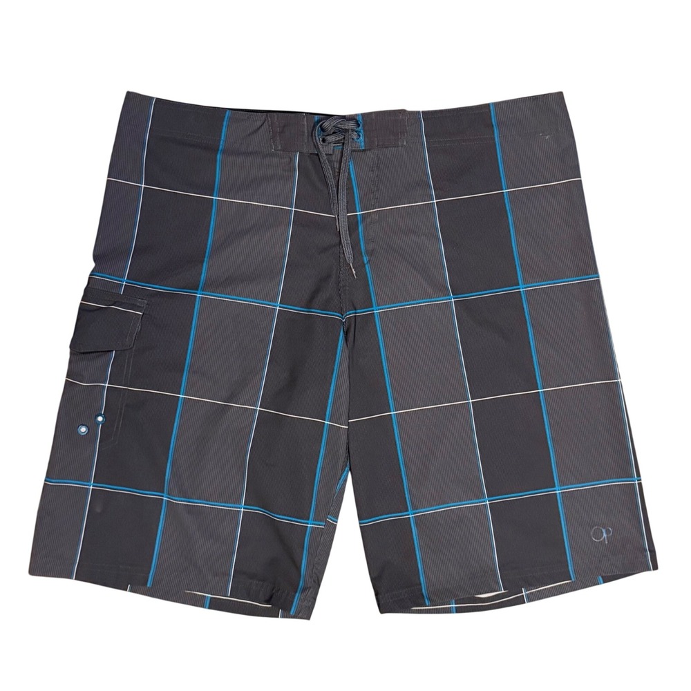 Ocean Pacific OP Board Shorts Mens 38 Grey Blue Plaid OPFlex 4-Way Stretch Swim - Picture 1 of 10